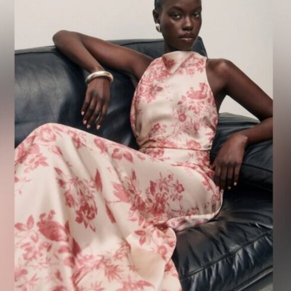 NEW Reformation Anaiis Long Silk Dress Cameo Rose Pink Cream Floral | size 4 - Picture 4 of 12